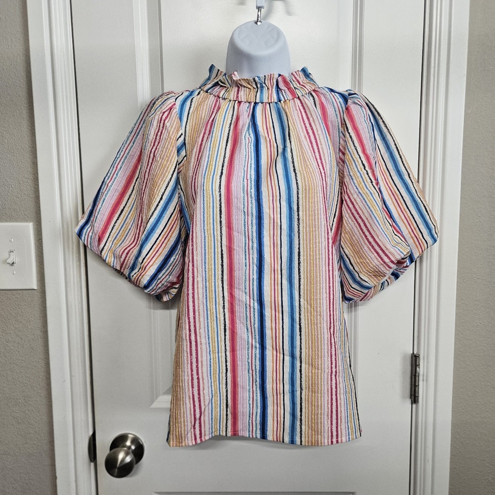 THML Women's Multi-Color Striped Ruffle Neck Balloon Sleeve Top Small